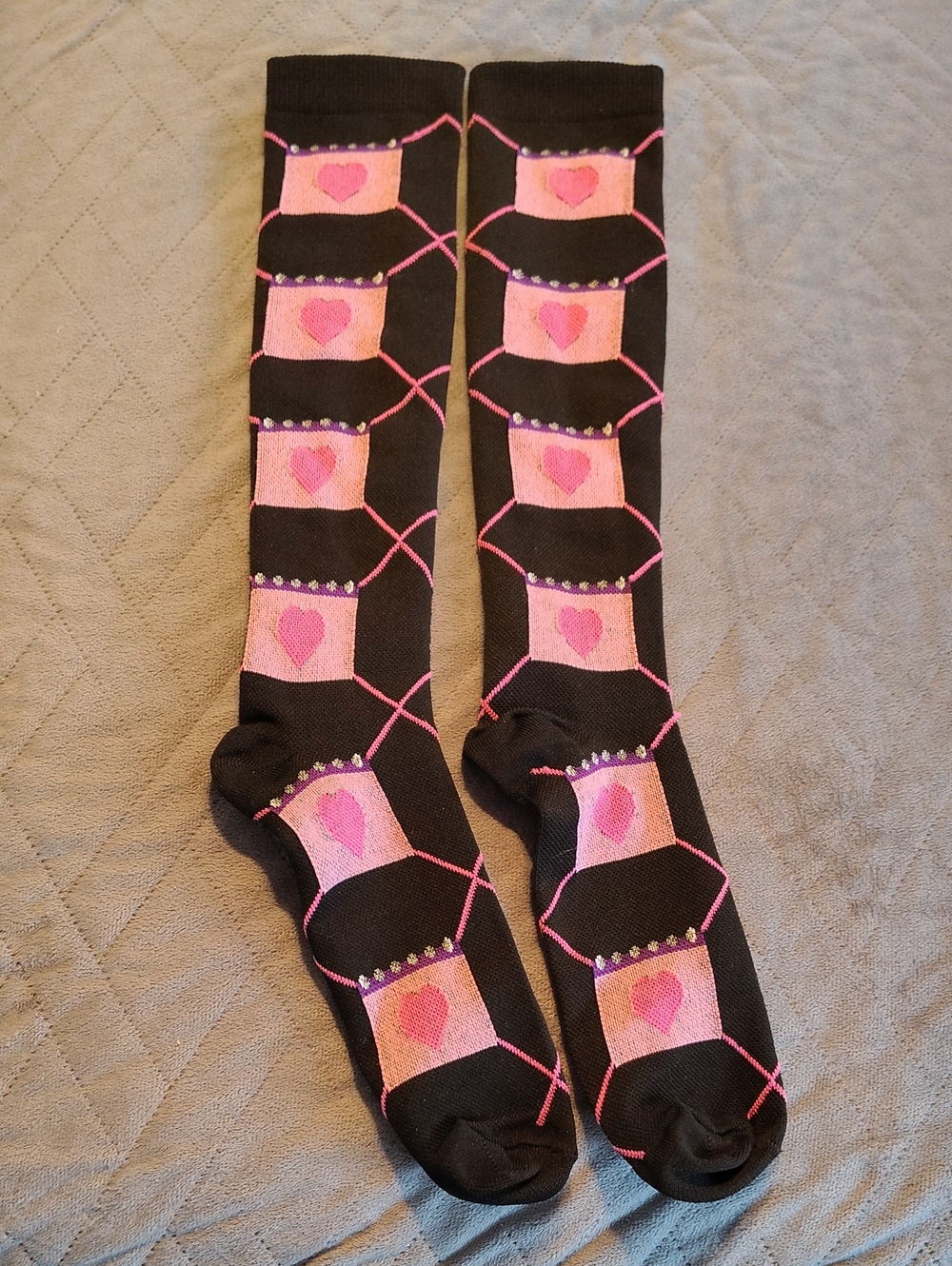 Compression Black Knee-High Socks with Pink Heart Motif